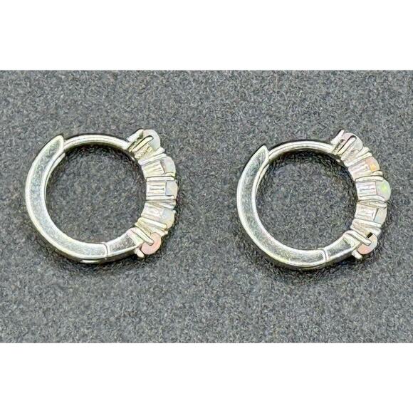 New Condition Dainty Sterling Silver Lab Opal Huggie Earrings 925 - Picture 3 of 8